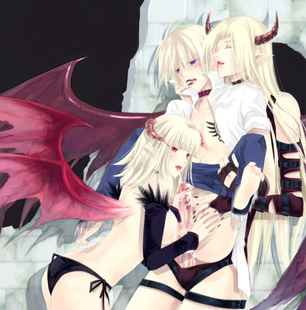 takamura ryou, blacksmith (ragnarok online), incubus (ragnarok online), succubus (ragnarok online), ragnarok online, 1girl, 2boys, anal, bat wings, bikini, bisexual male, blacksmith, blonde hair, blush, breasts, censored, cum, cum on body, demon boy, demon girl, ejaculating while penetrated, ejaculation, facial, fellatio, gloves, horns, multiple boys, nipples, oral, penis, pointy ears, red eyes, royal treatment, sex, side-tie bikini bottom, swimsuit, wings