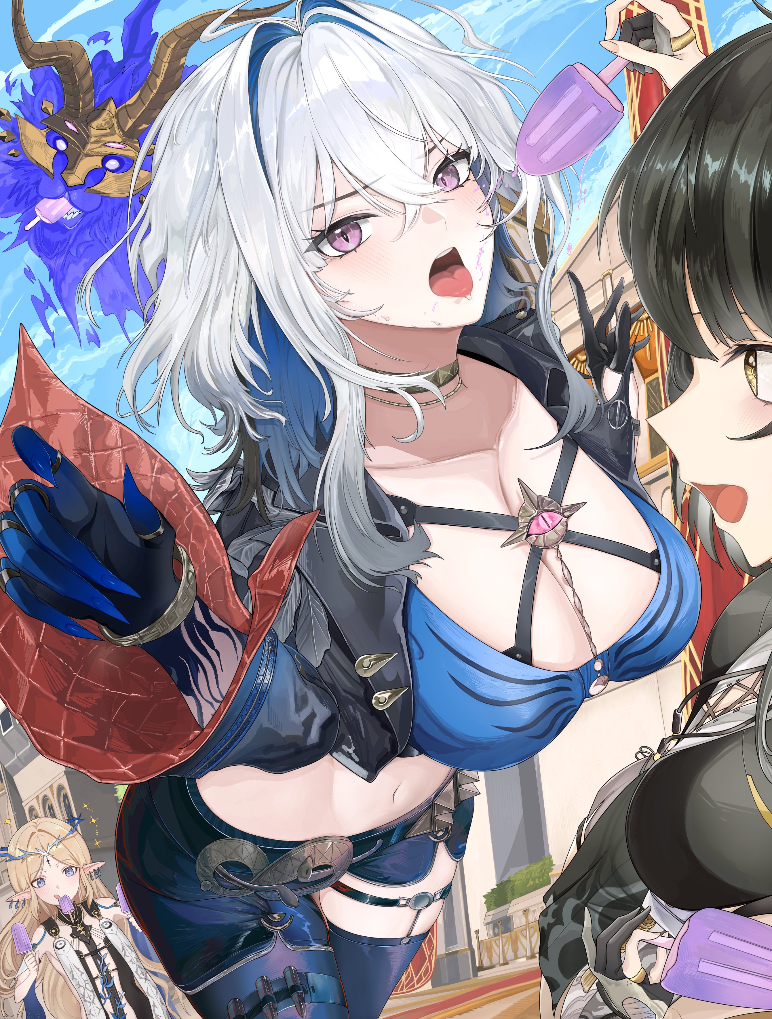 hyaui kazuki, cartethyia (wuthering waves), female rover (wuthering waves), galbrena (wuthering waves), rover (wuthering waves), wuthering waves, absurdres, bad perspective, commentary, hashtag-only commentary, highres, 3girls, black dress, black gloves, black hair, black jacket, black pantyhose, black shorts, black thighhighs, blonde hair, blue bra, blue eyes, blue nails, blue sky, bra, breasts, chimera (wuthering waves), cleavage, collarbone, cropped jacket, crown of thorns, day, dress, food, gloves, gold choker, grey hair, holding, holding food, holding popsicle, jacket, jewelry, large breasts, light blush, looking at another, medium hair, multiple girls, navel, open mouth, outdoors, pantyhose, popsicle, purple eyes, shorts, single leg pantyhose, single thighhigh, sky, smile, solo focus, stomach, tacet discord (wuthering waves), thighhighs, thighlet, tongue, tongue out, underwear, very long fingernails, yellow eyes