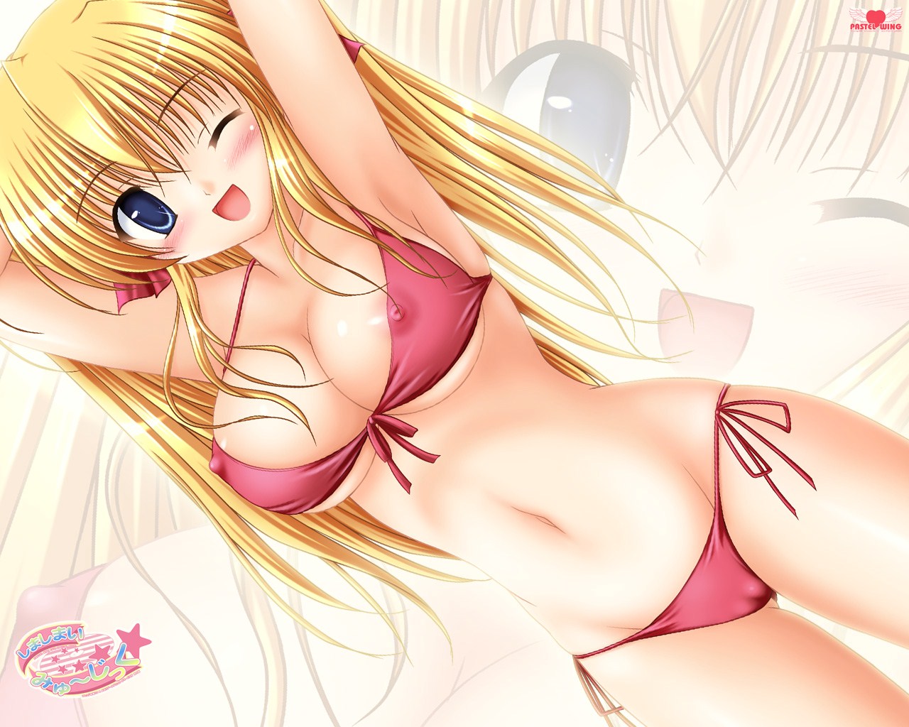 kisaragi mic, sendou erika, fortune arterial, 1girl, areola slip, armpits, arms up, bikini, blonde hair, blue eyes, blush, breasts, cameltoe, cleavage, covered erect nipples, female focus, front-tie top, groin, large breasts, long hair, navel, one eye closed, red bikini, see-through clothes, side-tie bikini bottom, solo, string bikini, swimsuit, wink, zoom layer