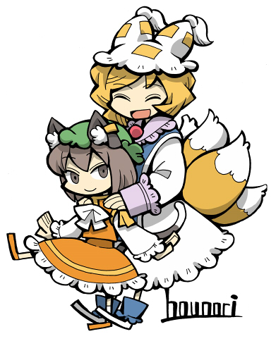 hounori, chen, yakumo ran, touhou, bad id, bad pixiv id, lowres, 2girls, animal ears, animal hat, artist name, blonde hair, brown eyes, brown hair, cat ears, cat girl, cat tail, chibi, closed eyes, earrings, female focus, fox ears, fox tail, hat, jewelry, kitsune, kyuubi, long sleeves, mob cap, multiple girls, multiple tails, shoes, short hair, smile, socks, tail, tassel, white background