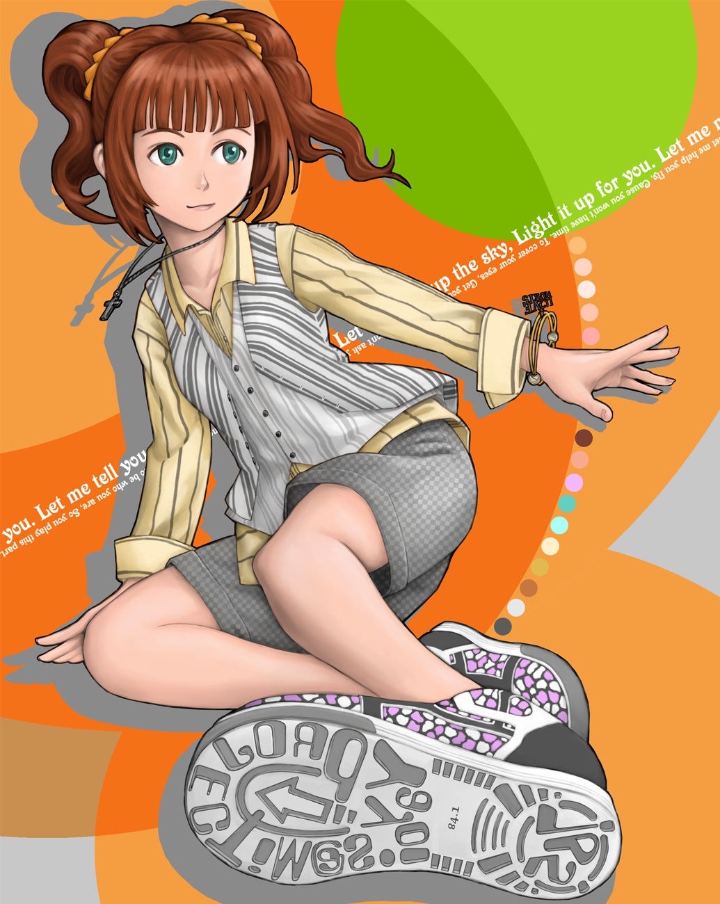 yorimitsu, takatsuki yayoi, idolmaster, idolmaster (classic), bad id, bad pixiv id, highres, 00s, 1girl, bracelet, brown hair, cross, female focus, full body, green eyes, jewelry, necklace, shoes, shorts, smile, solo, twintails