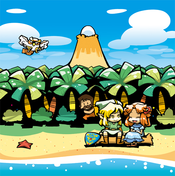hounori, kaepora gaebora, link, marin (zelda), tarin, nintendo, the legend of zelda, the legend of zelda: link's awakening, bad id, bad pixiv id, 1boy, 2girls, :d, ^ ^, animal, beach, bird, blonde hair, blue dress, boots, bush, closed eyes, day, dress, egg, facial hair, flower, flying, forest, hair flower, hair ornament, hat, log, mountain, multiple girls, mustache, nature, open mouth, orange hair, owl, palm tree, pointy ears, shield, sitting, smile, starfish, tree, yellow eyes, | |