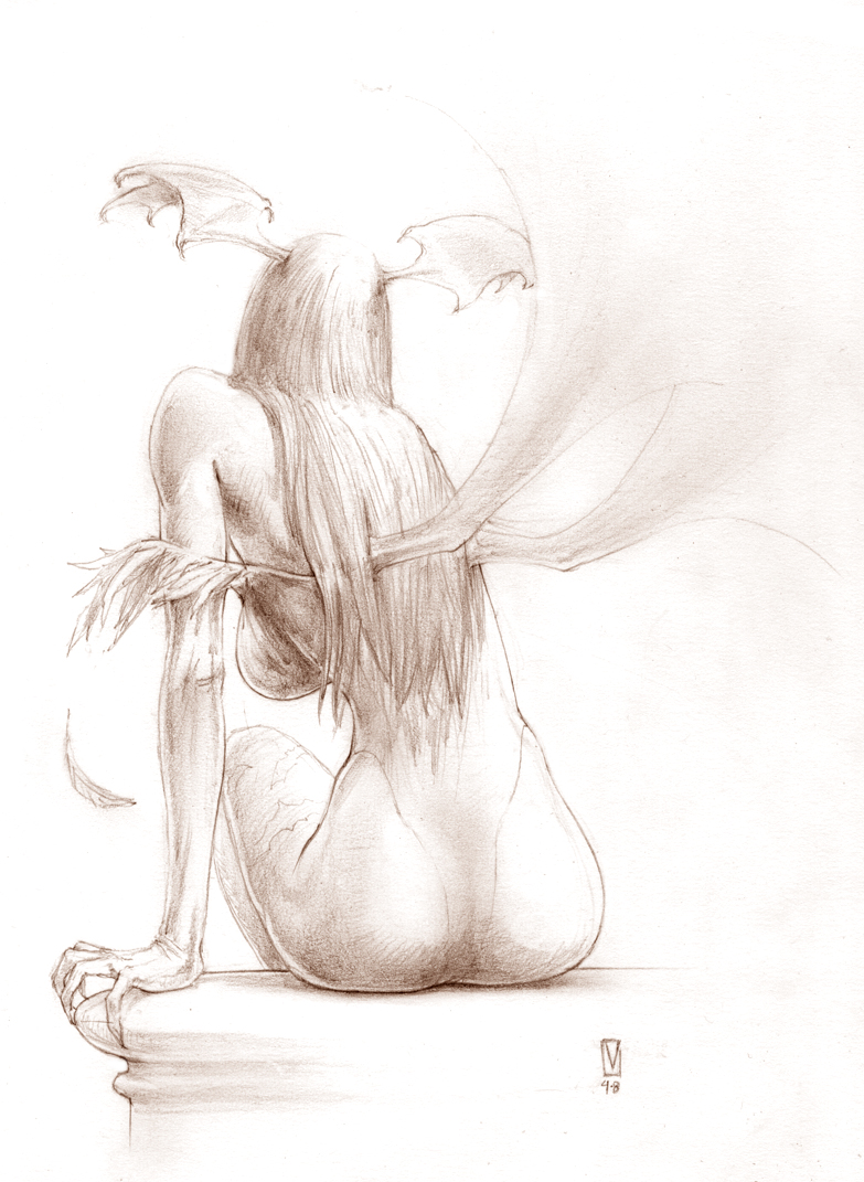 eric vedder, morrigan aensland, capcom, darkstalkers, print legwear, traditional media, 1girl, animal print, ass, back, bat print, bat wings, breasts, brown theme, demon girl, feathers, from behind, head wings, large breasts, long hair, monochrome, pantyhose, sideboob, sitting, sketch, wings