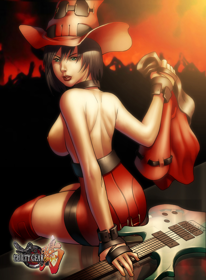 i-no, arc system works, guilty gear, 1girl, back, black hair, breasts, collar, dark, female focus, gloves, green eyes, guitar, hat, instrument, jacket, large breasts, leather, lips, lipstick, makeup, red hat, reflection, short hair, sitting, solo, thighs, topless female