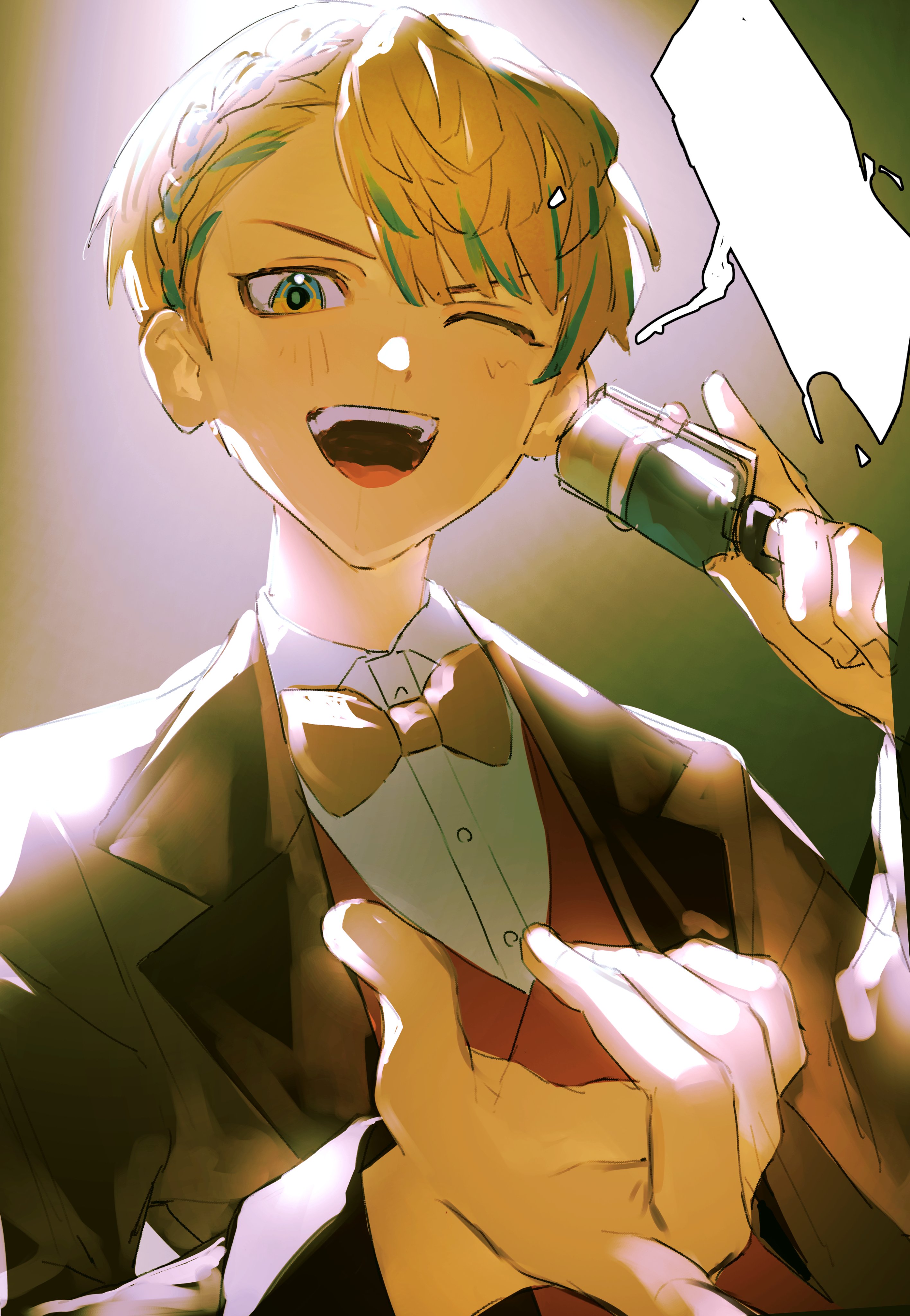 333takoyaki, hibachi mana, hibachi mana (2nd costume), nijisanji, absurdres, commentary request, highres, 1boy, blank speech bubble, blonde hair, blue hair, bow, bowtie, collared shirt, jacket, looking at viewer, male focus, multicolored hair, one eye closed, open clothes, open jacket, open mouth, red vest, shirt, solo, speech bubble, teeth, upper body, upper teeth only, vest, virtual youtuber, white shirt