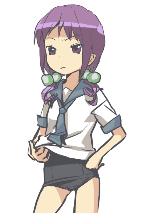 kuroda bb, black one-piece swimsuit, frown, hand on own hip, hip focus, long hair, necktie, no pants, one-piece swimsuit, purple eyes, purple hair, school swimsuit, school uniform, serafuku, solo, swimsuit, swimsuit under clothes