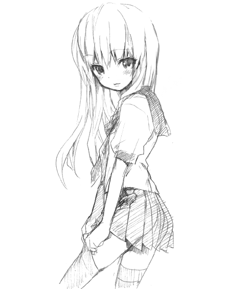 kuroda bb, traditional media, blush, greyscale, long hair, looking back, monochrome, school uniform, sketch, skirt, solo, thighhighs