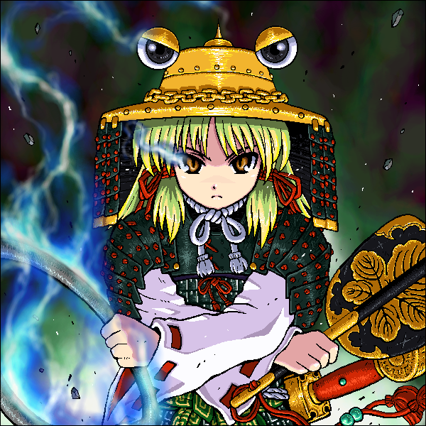 johnnie, moriya suwako, touhou, 1girl, adapted costume, armor, blonde hair, female focus, hair ribbon, hat, jaggy lines, jewelry, moriya's iron rings, oekaki, red ribbon, ribbon, ribbon-trimmed sleeves, ribbon trim, ring, solo, yellow eyes