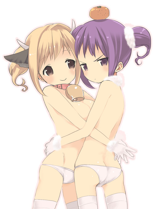 kuroda bb, fii-tan, ripe-tan, fii-tan the figure, 2girls, angry, animal ears, annoyed, ass, back, bell, blonde hair, blush, breasts, brown hair, cleavage, collar, convenient arm, cow ears, cow horns, food, fruit, gloves, horns, loli, looking at viewer, lowleg, lowleg panties, mandarin orange, multiple girls, neck bell, object on head, panties, purple eyes, purple hair, short hair, simple background, skindentation, small breasts, smile, thighhighs, topless female, underwear, underwear only, white background, white gloves, white panties, white thighhighs