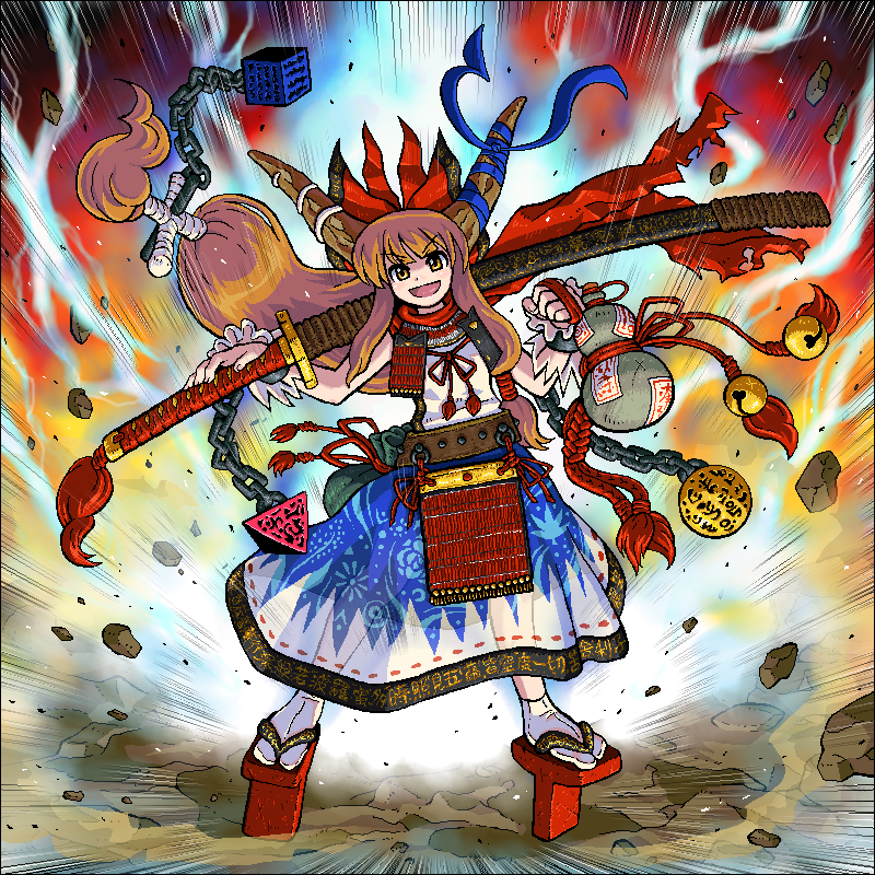 johnnie, ibuki suika, touhou, 1girl, aura, bell, chain, female focus, full body, geta, gourd, horns, jaggy lines, jingle bell, katana, long hair, oekaki, solo, standing, sword, tengu-geta, weapon