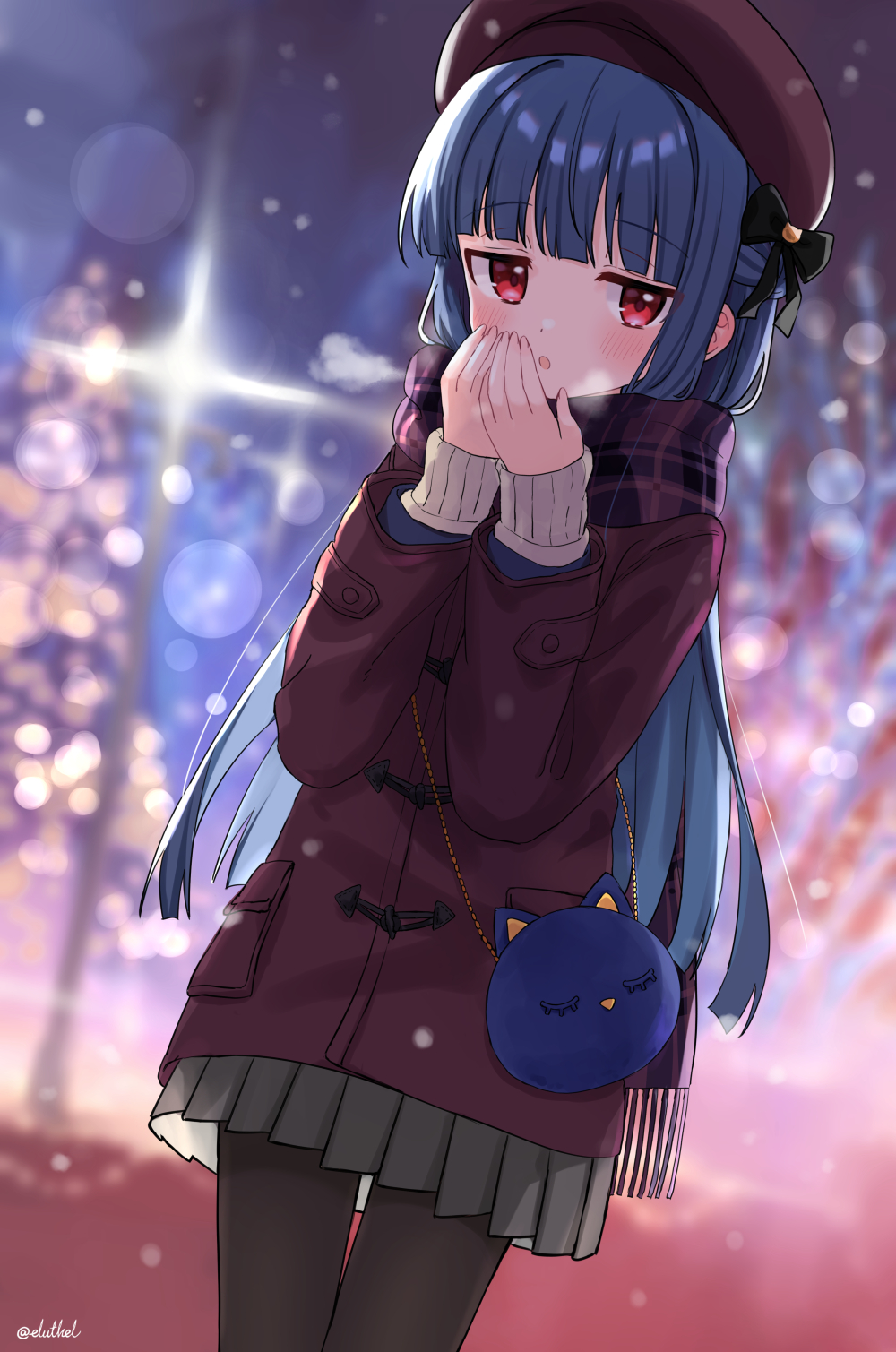 eluthel, sajo yukimi, idolmaster, idolmaster cinderella girls, commentary, highres, redrawn, symbol-only commentary, 1girl, :o, animal bag, bag, black pantyhose, blue hair, blunt bangs, blurry, blurry background, blush, braid, breathing on hands, brown coat, brown scarf, coat, cowboy shot, depth of field, fringe trim, grey skirt, hands up, long hair, long sleeves, looking at viewer, night, outdoors, own hands together, pantyhose, parted lips, plaid clothes, plaid scarf, pleated skirt, red eyes, scarf, shoulder bag, skirt, sleeves past wrists, snowing, solo, standing, twitter username, very long hair