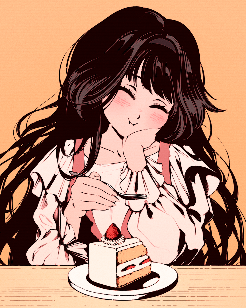 moshimoshibe, waguri kaoruko, kaoru hana wa rin to saku, commentary, 1girl, :i, ^ ^, alternate costume, black hair, black hairband, blush, cake, cake slice, closed eyes, closed mouth, collarbone, dress, eating, food, fork, frilled shirt, frills, hairband, hand on own cheek, hand on own face, holding, holding fork, long hair, long sleeves, orange background, pinafore dress, pink dress, plate, shirt, simple background, sleeveless, sleeveless dress, solo, strawberry shortcake, table, upper body, white shirt, wooden table