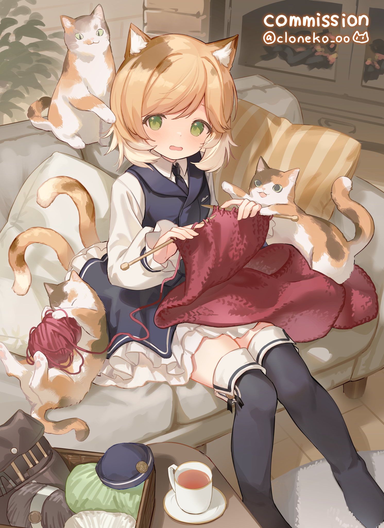 cloneko (zelmeledf2), mousse (arknights), arknights, commission, highres, skeb commission, 1girl, animal ears, cat, cat ears, cat tail, couch, cup, green eyes, multicolored hair, tail, thighhighs, yarn, yarn ball