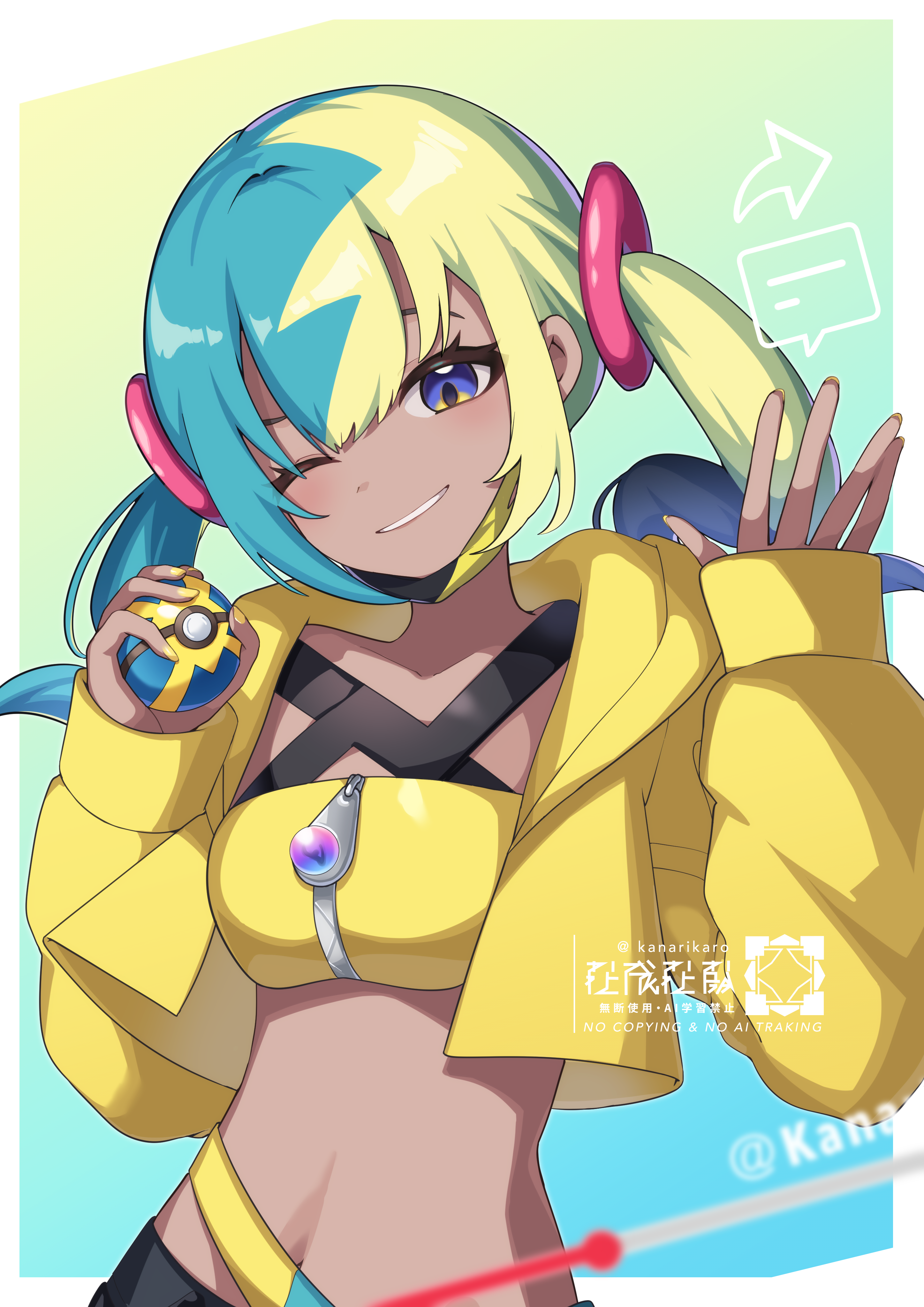 kanarikaro, canari (pokemon), nintendo, pokemon, pokemon legends: z-a, absurdres, commentary request, highres, 1girl, bandeau, blue eyes, cropped jacket, eyelashes, grin, hands up, happy, holding, holding poke ball, jacket, long sleeves, nail polish, navel, one eye closed, open clothes, open jacket, poke ball, quick ball, smile, solo, teeth, twintails, upper body, watermark, yellow bandeau, yellow jacket, yellow nails, zipper, zipper pull tab