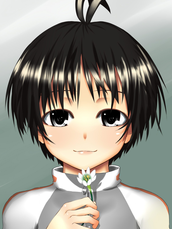 tog (shoten), kikuchi makoto, idolmaster, idolmaster (classic), 00s, 1girl, :3, antenna hair, black eyes, black hair, female focus, flower, gradient background, jacket, raglan sleeves, short hair, smile, solo