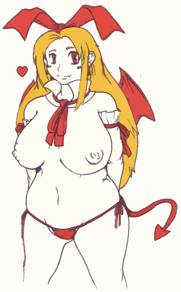 flonne, flonne (fallen angel), disgaea, makai senki disgaea, non-web source, 00s, 1girl, animal ears, bad anatomy, breasts, curvy, elbow gloves, fallen angel, female focus, gloves, hip focus, huge breasts, long hair, nude, plump, poorly drawn, ribbon, solo, tail, wide hips, wings