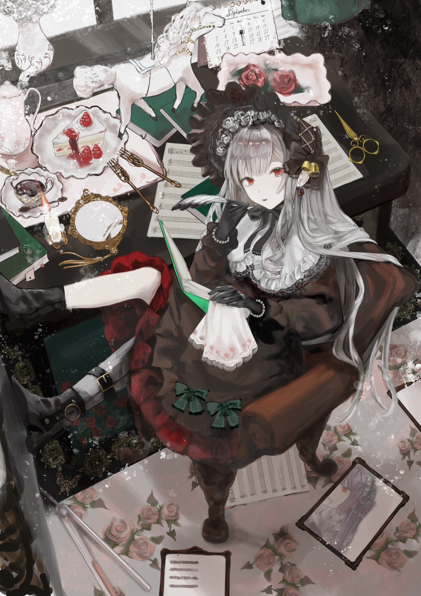 original, highres, 1girl, amazu (uzu amazu), black boots, black bow, black dress, black gloves, book, boots, bow, cake, cake slice, calendar (object), chair, cup, dress, figure, food, fork, gloves, holding, holding book, horse, indoors, kettle, lolita fashion, long hair, looking at viewer, mirror, open mouth, paper, pen, quill, red eyes, scissors, sitting, solo, table, teacup, tray, vase, white hair, window