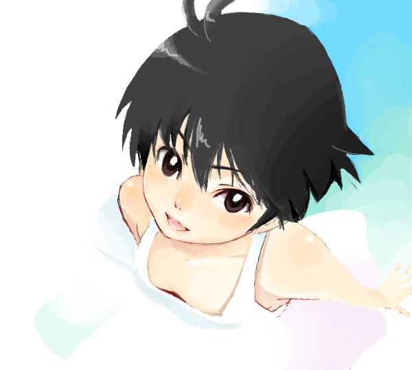 vuipui, kikuchi makoto, idolmaster, idolmaster (classic), 00s, 1girl, antenna hair, bare shoulders, black hair, brown eyes, dress, female focus, foreshortening, from above, looking up, smile, solo
