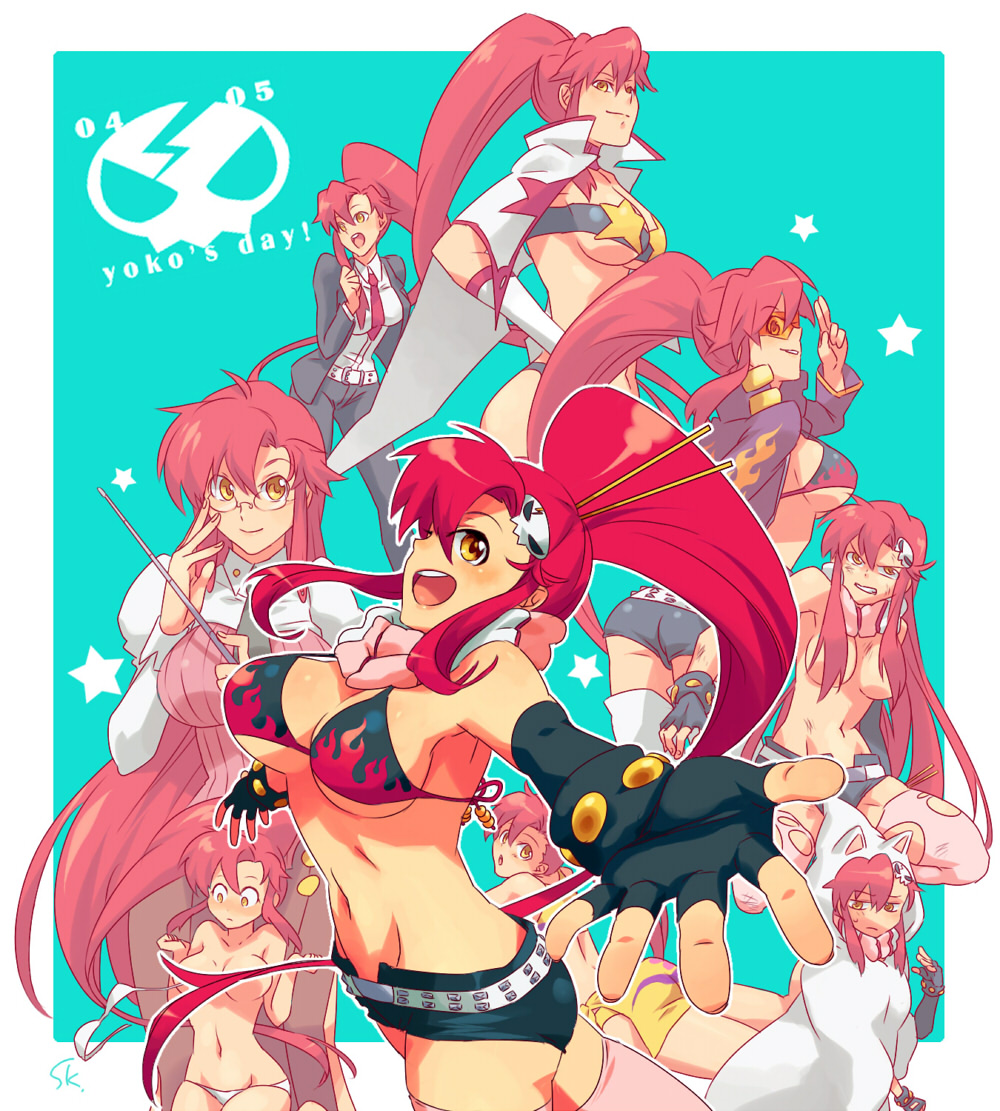 sako (namocake), space yoko, yoko littner, yomako, tengen toppa gurren lagann, 00s, 1girl, adjusting eyewear, aged up, alternate hairstyle, ass, bandeau, belt, bikini, bikini top only, breasts, cape, censored, censored nipples, chopsticks, cleavage, convenient censoring, costume chart, fingerless gloves, fire, foreshortening, formal clothes, glasses, gloves, groin, hair down, hair ornament, hair over breasts, hairclip, large breasts, legs, long hair, midriff, multiple persona, navel, necktie, pasties, ponytail, red hair, safety glasses, short shorts, shorts, skull, skull hair ornament, smile, star (symbol), strapless, studded belt, suit, sunglasses, swimsuit, teacher, thighs, tinted eyewear, topless female, tube top, underboob, very long hair, yellow-tinted eyewear, yellow eyes, yoko's day