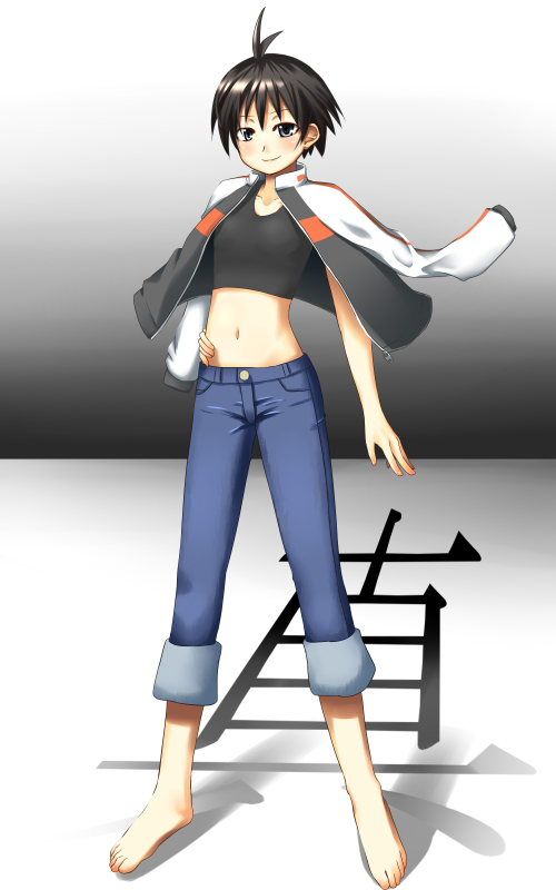 tog (shoten), kikuchi makoto, idolmaster, idolmaster (classic), 00s, 1girl, antenna hair, barefoot, black eyes, black hair, denim, feet, female focus, flat chest, full body, jacket, jacket on shoulders, jeans, midriff, navel, pants, raglan sleeves, short hair, solo
