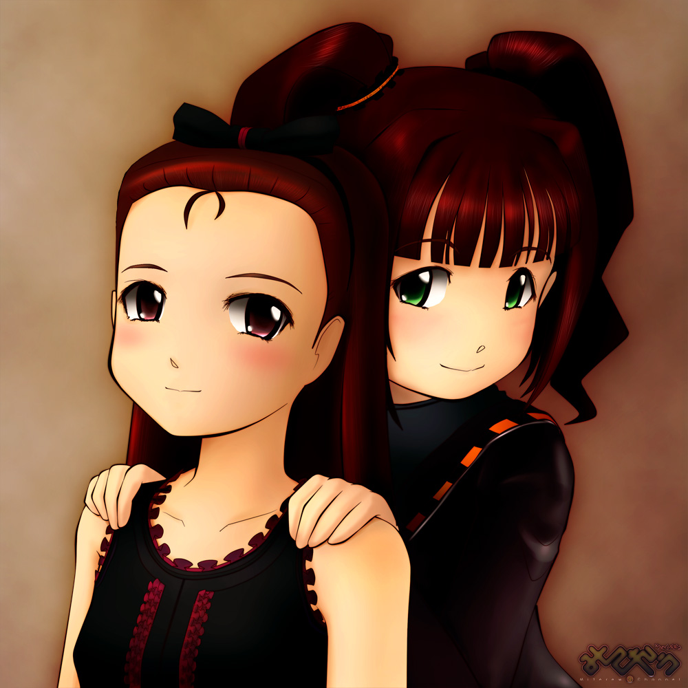 idolls, minase iori, takatsuki yayoi, idolmaster, idolmaster (classic), 00s, 2girls, bare shoulders, blush, dress, green eyes, long hair, multiple girls, red eyes, red hair, short hair, smile, twintails