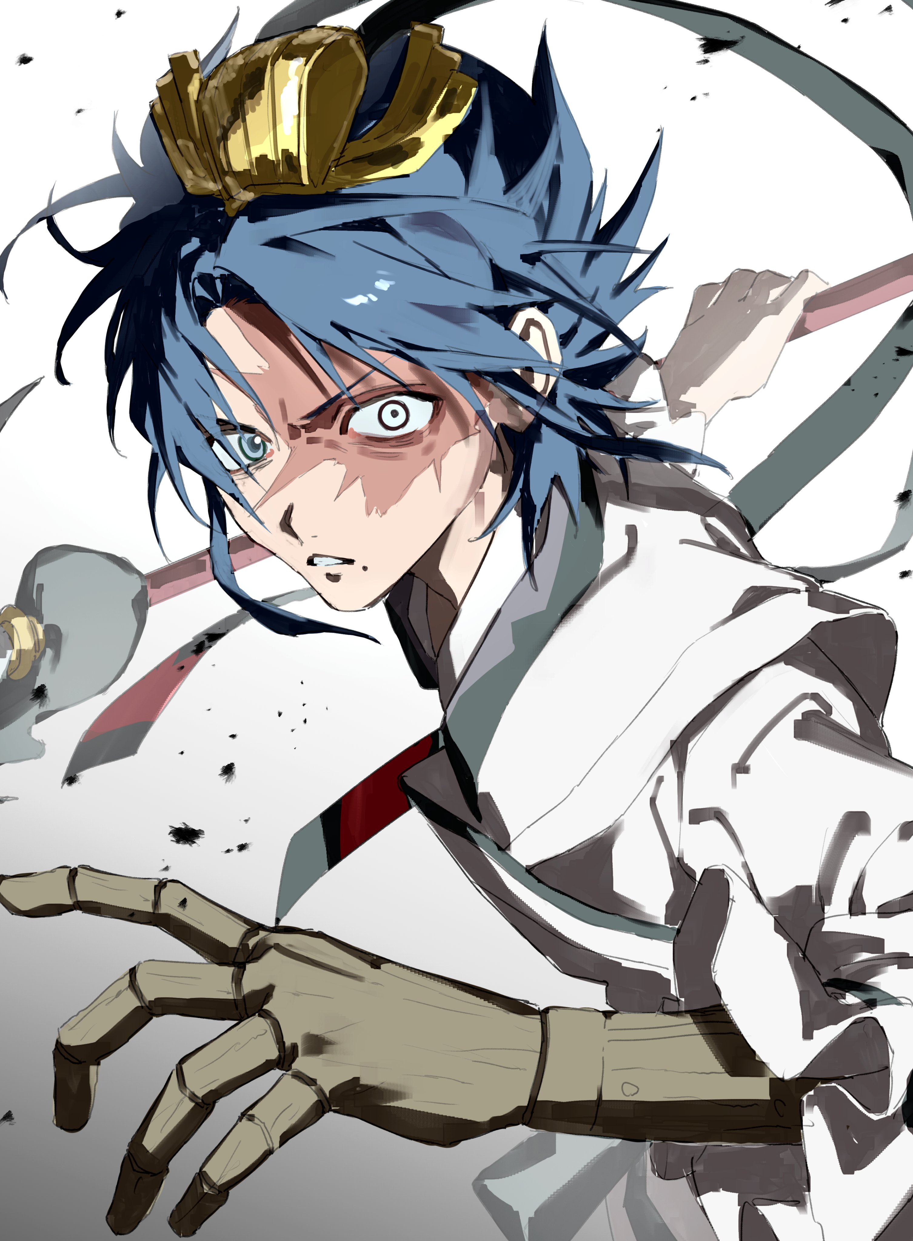 333takoyaki, ren hakuryuu, magi the labyrinth of magic, absurdres, commentary request, highres, 1boy, blue eyes, blue hair, chinese clothes, heterochromia, holding, holding weapon, looking at viewer, male focus, mole, mole under mouth, prosthesis, prosthetic arm, scar, scar across eye, scar on face, simple background, solo, upper body, weapon, xiao guan (headdress)