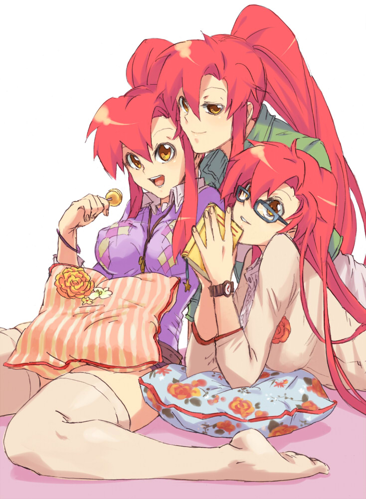 sako (namocake), yoko littner, tengen toppa gurren lagann, argyle, 00s, 3girls, aged up, book, candy, cardigan, feet, flower, food, glasses, lollipop, long hair, multiple girls, multiple persona, pillow, ponytail, red hair, sweater, thighhighs, watch, white thighhighs, wristwatch, yellow eyes, yoko's day