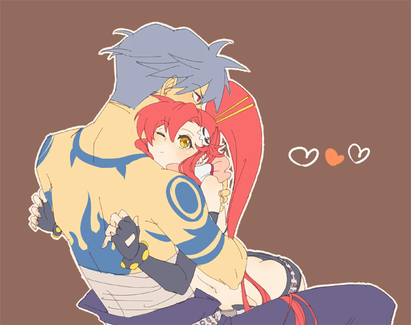sako (namocake), kamina (ttgl), yoko littner, tengen toppa gurren lagann, 00s, 1boy, 1girl, bandages, blue hair, blush, bodypaint, butt crack, couple, fingerless gloves, gloves, hair ornament, hairclip, heart, hetero, hug, one eye closed, ponytail, red hair, scarf, short hair, shorts, tattoo, topless female, topless male, wink, yellow eyes