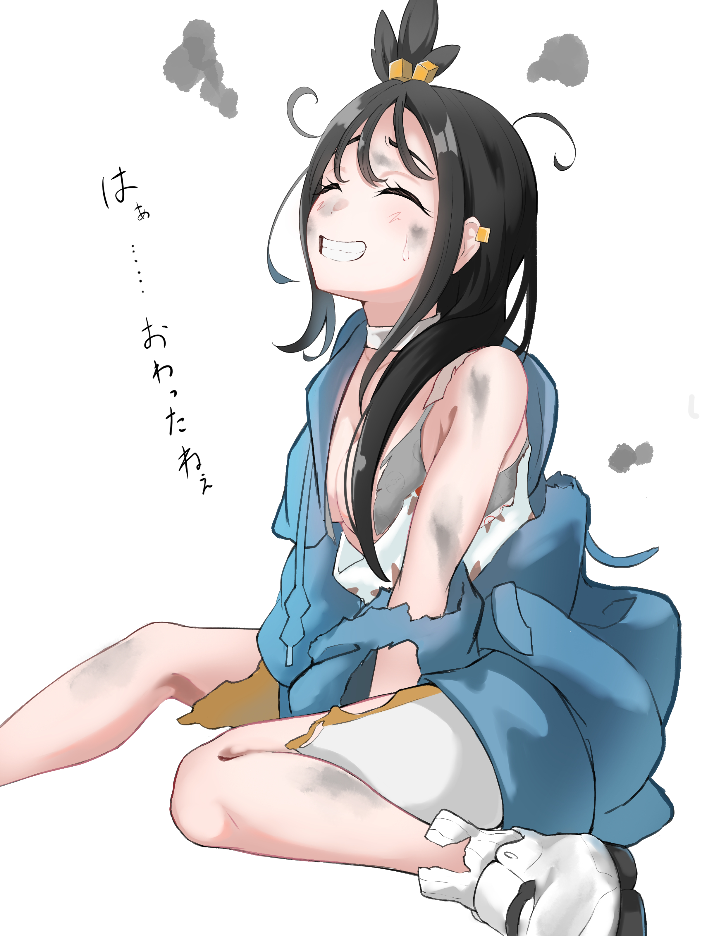 lida (pokemon), nintendo, pokemon, pokemon legends: z-a, absurdres, commentary request, highres, 1girl, black hair, blue hoodie, closed eyes, cube hair ornament, dirty, dirty face, earclip, eyelashes, gadenia (kutinashi0916), grin, hair ornament, hood, hoodie, knees, leggings, long hair, messy hair, print shirt, shirt, shoes, simple background, sitting, smile, socks, solo, teeth, topknot, torn clothes, torn hoodie, torn leggings, torn socks, white background, white shirt, white shoes, white socks