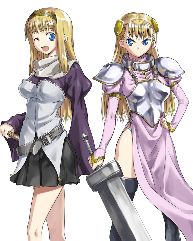 774 (nanashi), copyright request, 2girls, armor, blonde hair, blue eyes, long hair, multiple girls, sword, weapon, wink