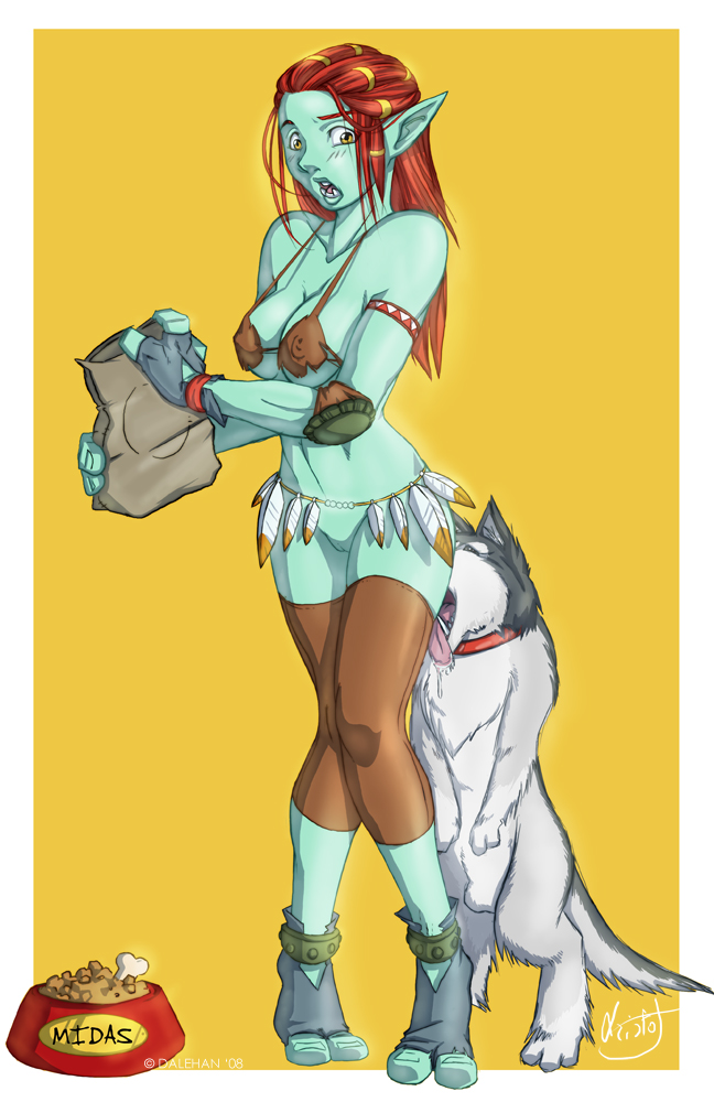dalehan, warcraft, world of warcraft, fur, armband, bestiality, blue skin, blush, bottomless, breasts, dog, fingerless gloves, gloves, licking, nipples, pointy ears, pussy, red hair, saliva, tribal, troll, tusks, yellow eyes