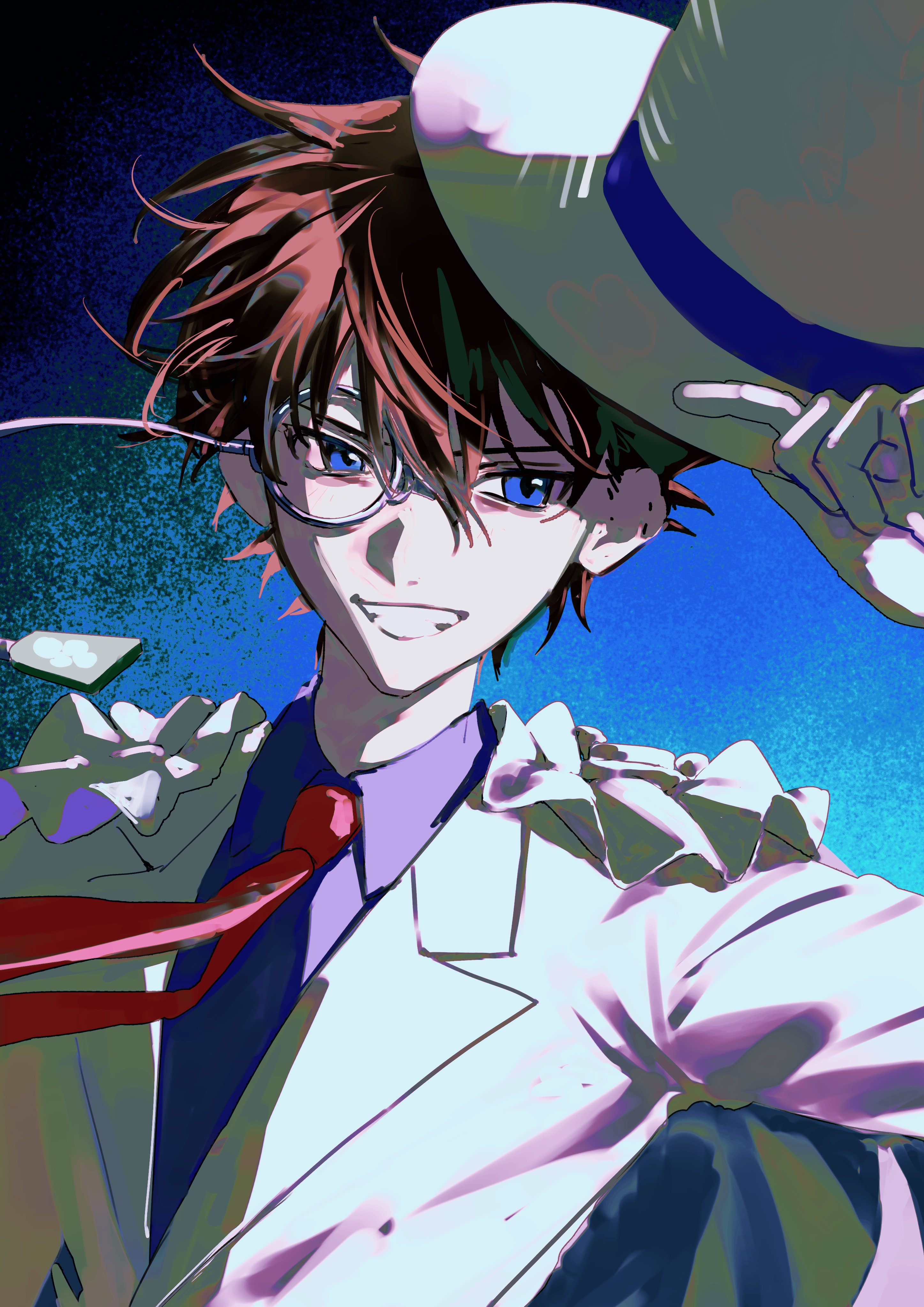 333takoyaki, kaitou kid, meitantei conan, absurdres, commentary request, highres, 1boy, blue eyes, brown hair, cape, collared shirt, gloves, grin, hair between eyes, hat, holding, holding unworn clothes, holding unworn hat, jacket, male focus, monocle, necktie, purple shirt, red necktie, shirt, simple background, smile, solo, top hat, unworn hat, unworn headwear, upper body, white cape, white gloves, white hat, white jacket