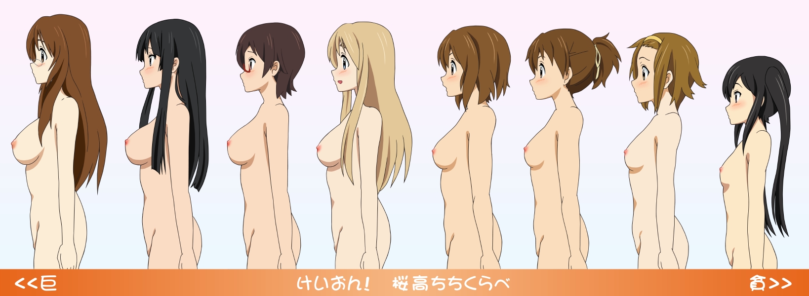 rm (rm32), akiyama mio, hirasawa ui, hirasawa yui, kotobuki tsumugi, manabe nodoka, nakano azusa, tainaka ritsu, yamanaka sawako, k-on!, highres, long image, translated, wide image, 00s, 6+girls, black hair, blush, breasts, brown hair, bust chart, chart, completely nude, everyone, glasses, ho-kago tea time, large breasts, lineup, medium breasts, multiple girls, nipples, nude, profile, short hair, small breasts, twintails