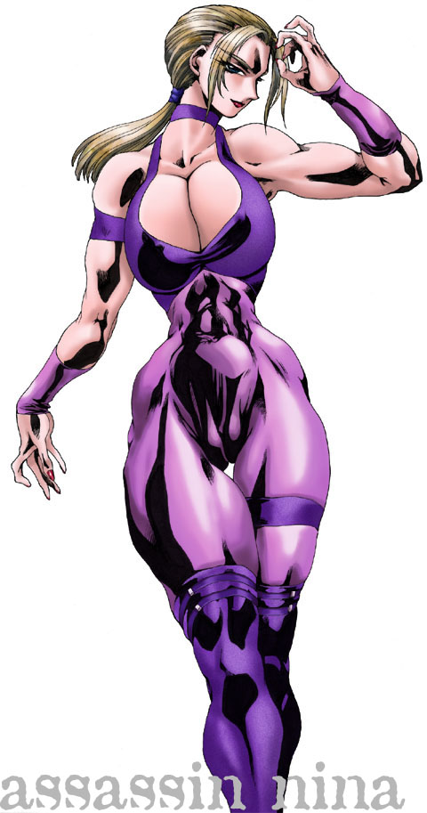yuri ai, nina williams, tekken, blonde hair, breasts, catsuit, center opening, cleavage, huge breasts, large breasts, muscular, solo, toned, toned female