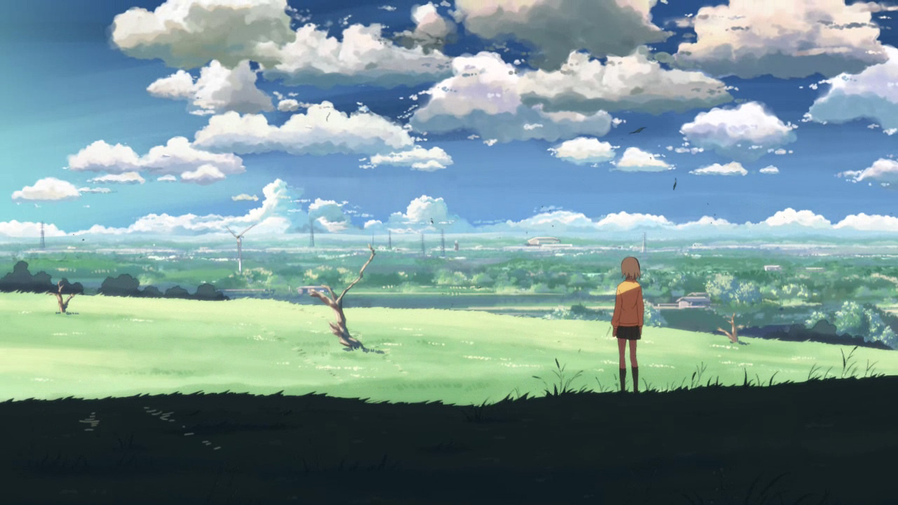 shinkai makoto, sumita kanae, byousoku 5 centimeter, anime screenshot, 1girl, bird, brown hair, cloud, day, female focus, field, landscape, nature, outdoors, scenery, short hair, skirt, sky, solo, windmill