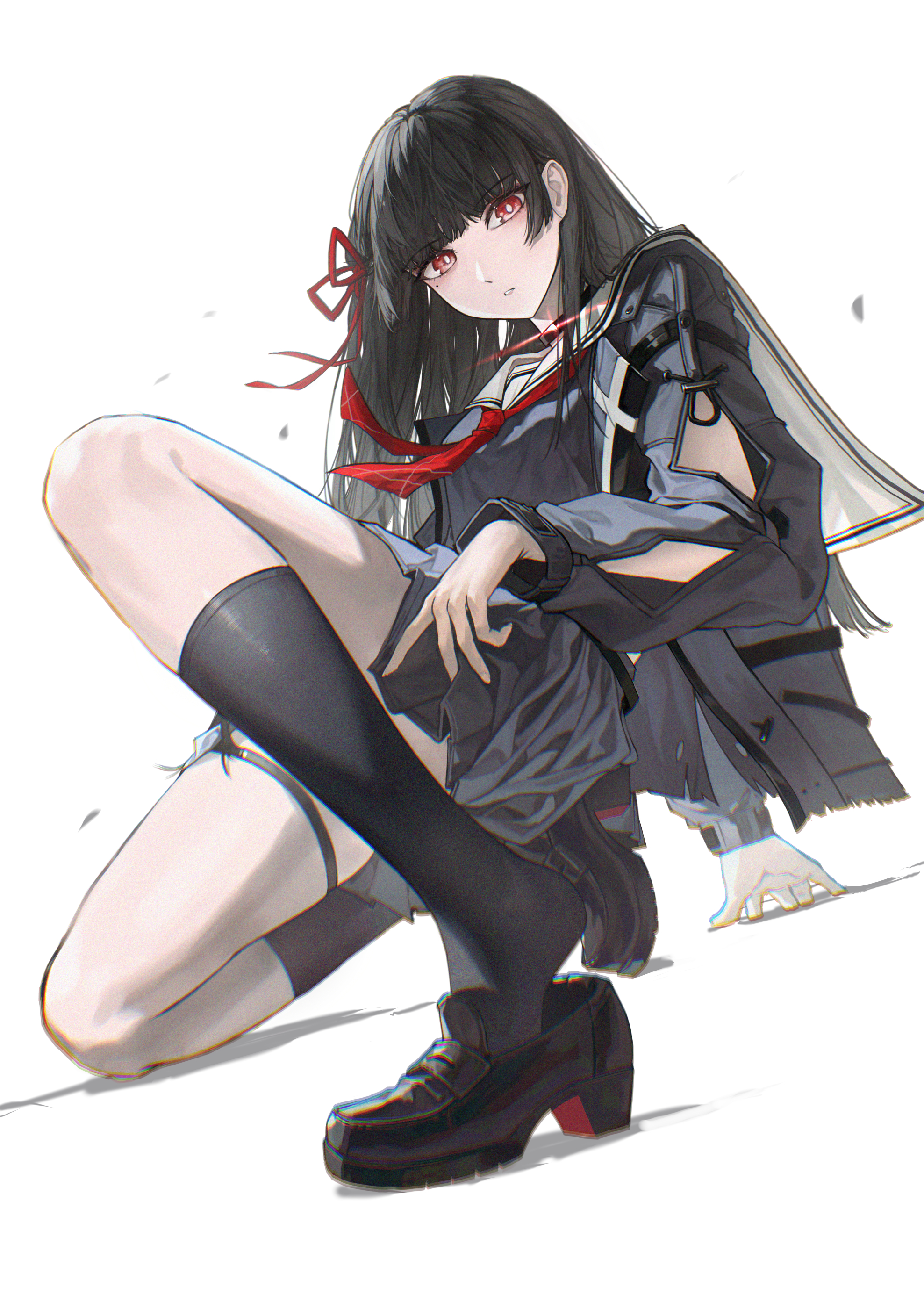 chisa (wuthering waves), wuthering waves, absurdres, commentary, highres, 1girl, arm cutout, arm support, black hair, black jacket, black shirt, black skirt, black socks, blunt bangs, clothing cutout, dynamic pose, hair ribbon, jacket, loafers, long hair, long sleeves, looking at viewer, neckerchief, parted lips, red eyes, red neckerchief, red ribbon, ribbon, sailor collar, shirt, shoes, skirt, socks, solo, white sailor collar, xiyaya