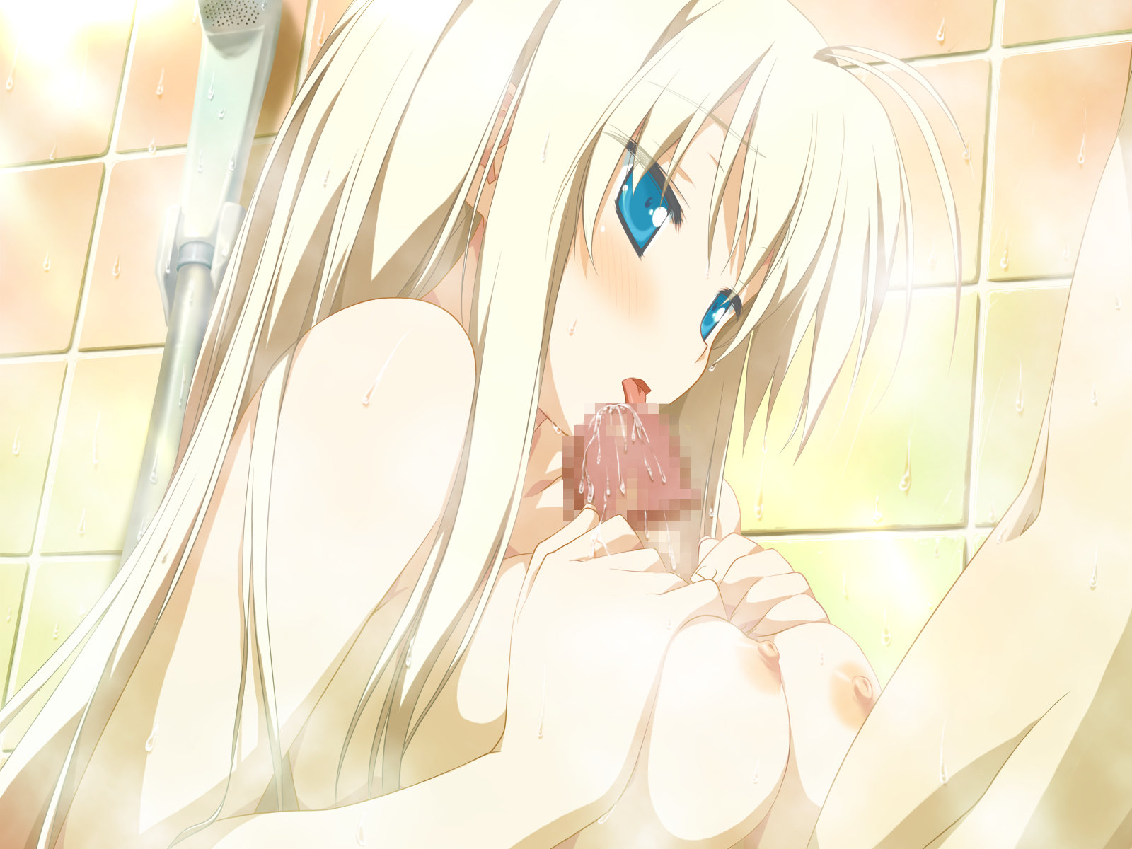 shida kazuhiro, hisakaki komomo, hoshizora no memoria, game cg, highres, 1girl, between breasts, blonde hair, blue eyes, blush, breasts, censored, large breasts, licking, long hair, mixed-sex bathing, mosaic censoring, paizuri, penis, shared bathing, showering, solo focus, tongue, wet