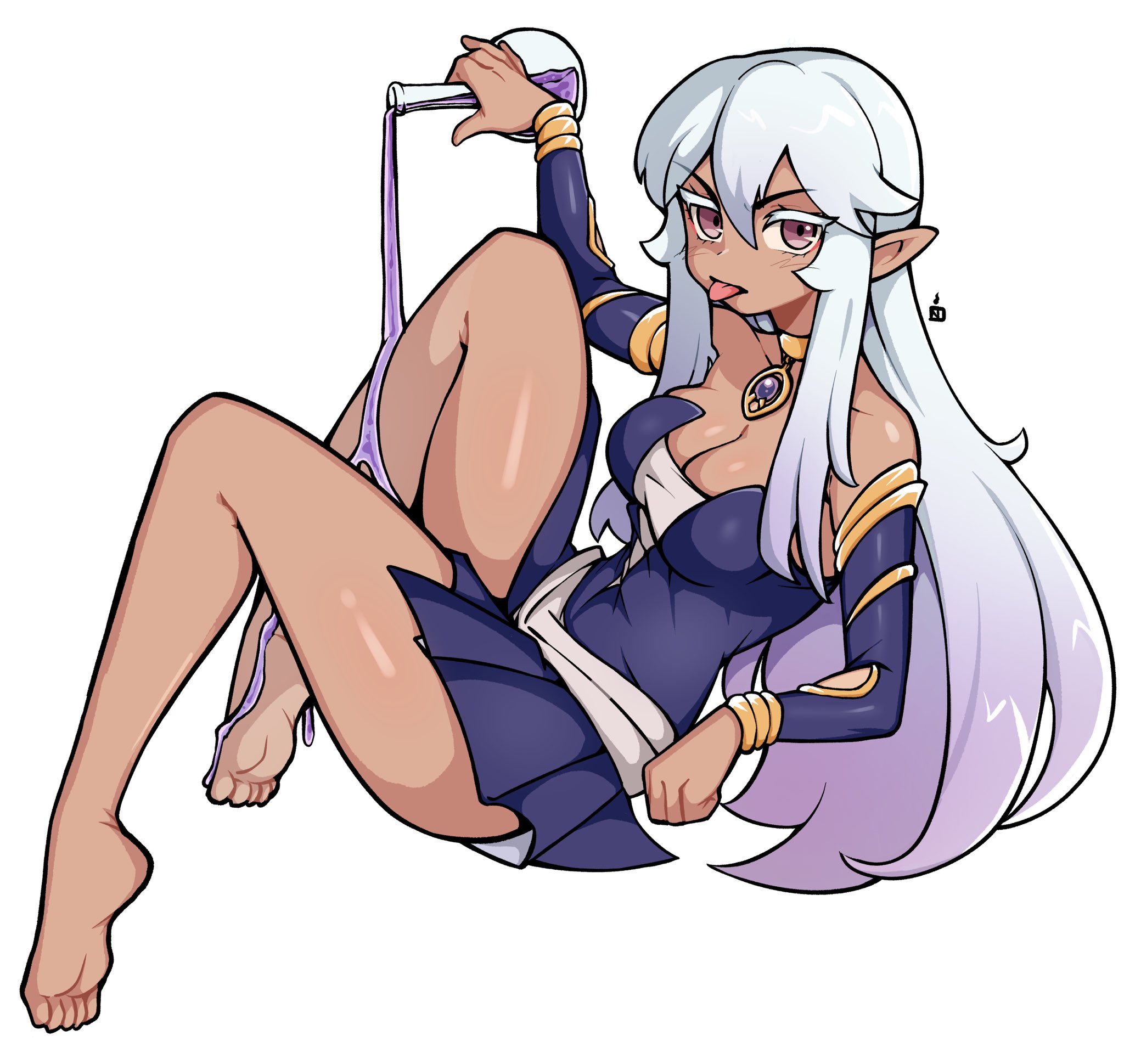 oninuer, original, commentary, commission, english commentary, highres, 1girl, bare legs, barefoot, black dress, bottle, breasts, cleavage, dark-skinned female, dark elf, dark skin, detached sleeves, double-parted bangs, dress, elf, full body, glass bottle, hair between eyes, hand up, holding, holding bottle, large breasts, legs, long hair, looking at viewer, pointy ears, potion, purple eyes, short dress, simple background, solo, spilling, toes, tongue, tongue out, white background, white hair