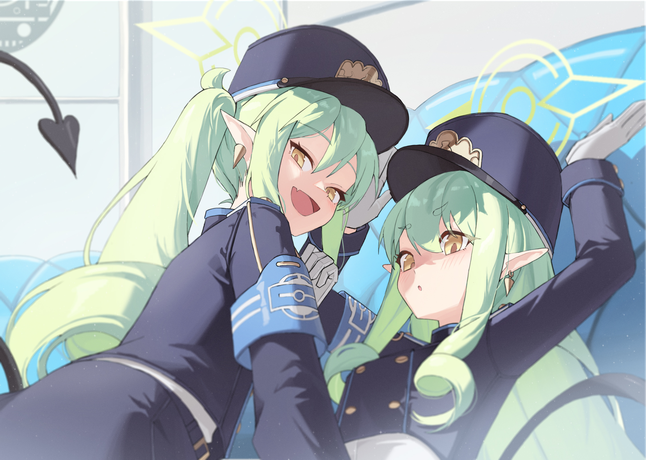 mahou gnome, hikari (blue archive), nozomi (blue archive), blue archive, commentary, highres, 2girls, armband, black hat, blue armband, buttons, demon tail, double-breasted, fang, from side, gloves, green hair, green halo, halo, hat, long hair, long sleeves, looking at viewer, looking to the side, multiple girls, open mouth, pointy ears, siblings, sisters, skin fang, smile, tail, turning head, upper body, white gloves, yellow eyes