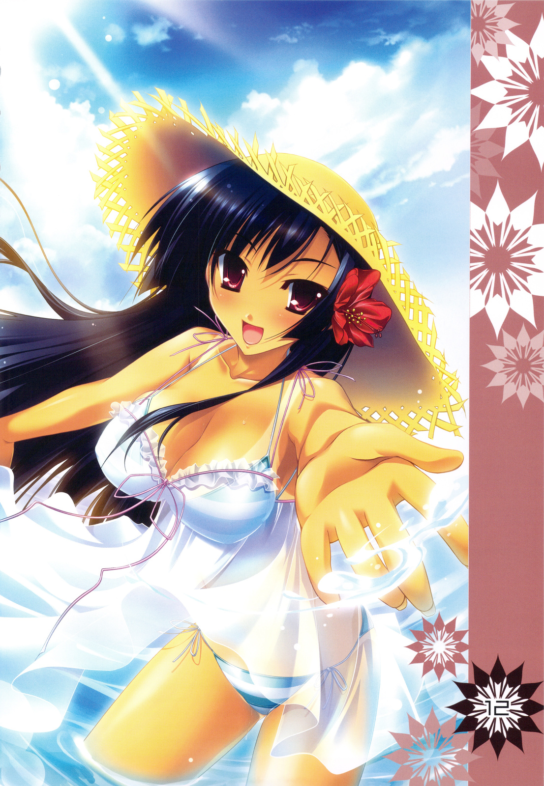katagiri hinata, highres, 1girl, bikini, bikini tan, blue hair, breasts, cleavage, day, dress, female focus, flower, hat, hibiscus, large breasts, leaning forward, light rays, long hair, outstretched arm, page number, purple hair, red eyes, side-tie bikini bottom, smile, solo, splashing, straw hat, striped bikini, striped clothes, sunbeam, sundress, sunlight, swimsuit, tan, tanline, water