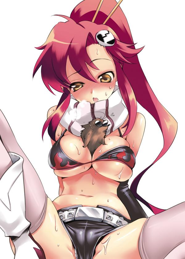 uk-works, boota, yoko littner, tengen toppa gurren lagann, pink legwear, belt, between breasts, bikini top only, blush, bracelet, breasts, breath, cameltoe, chopsticks, cleavage, elbow gloves, fingerless gloves, gloves, hair ornament, jewelry, long hair, midriff, navel, ponytail, red hair, scarf, short shorts, shorts, skull, studded belt, sweat, thighhighs, underboob, yellow eyes