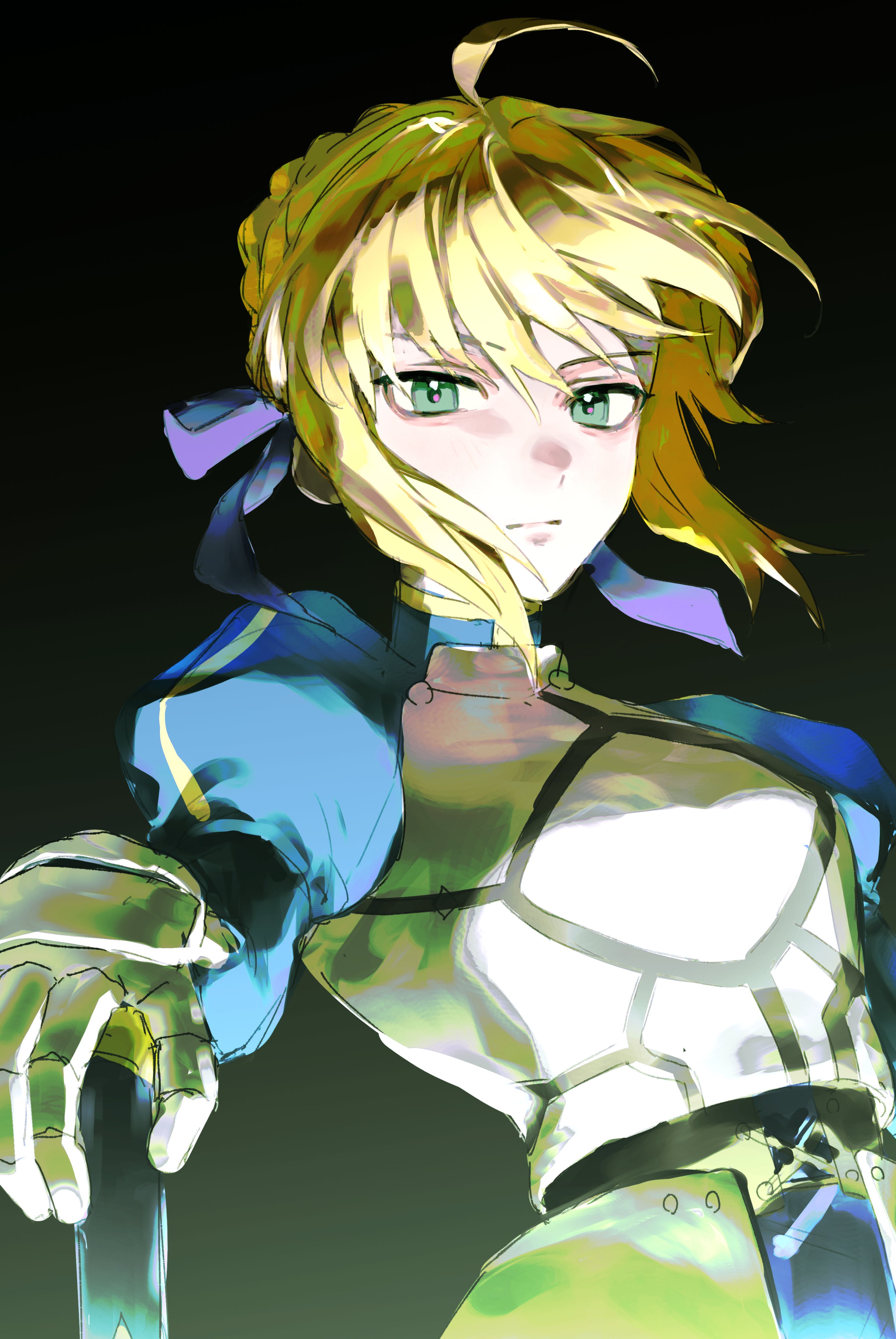 333takoyaki, artoria pendragon (fate), saber (fate), fate/stay night, fate (series), absurdres, commentary request, highres, 1girl, ahoge, armor, armored dress, blonde hair, blue dress, braid, braided bun, dress, excalibur (fate/stay night), gauntlets, gradient background, green eyes, hair bun, hair ribbon, juliet sleeves, long sleeves, looking at viewer, puffy sleeves, purple ribbon, ribbon, simple background, solo, sword, upper body, weapon