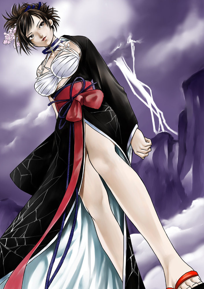 kazama asuka, tekken, tekken 5, 1girl, alternate costume, bandages, black eyes, black hair, bow, breasts, brown hair, cleavage, flower, geisha, hair flower, hair ornament, hair up, impossible clothes, japanese clothes, kimono, large breasts, lightning, lipstick, makeup, sandals, sarashi, side slit