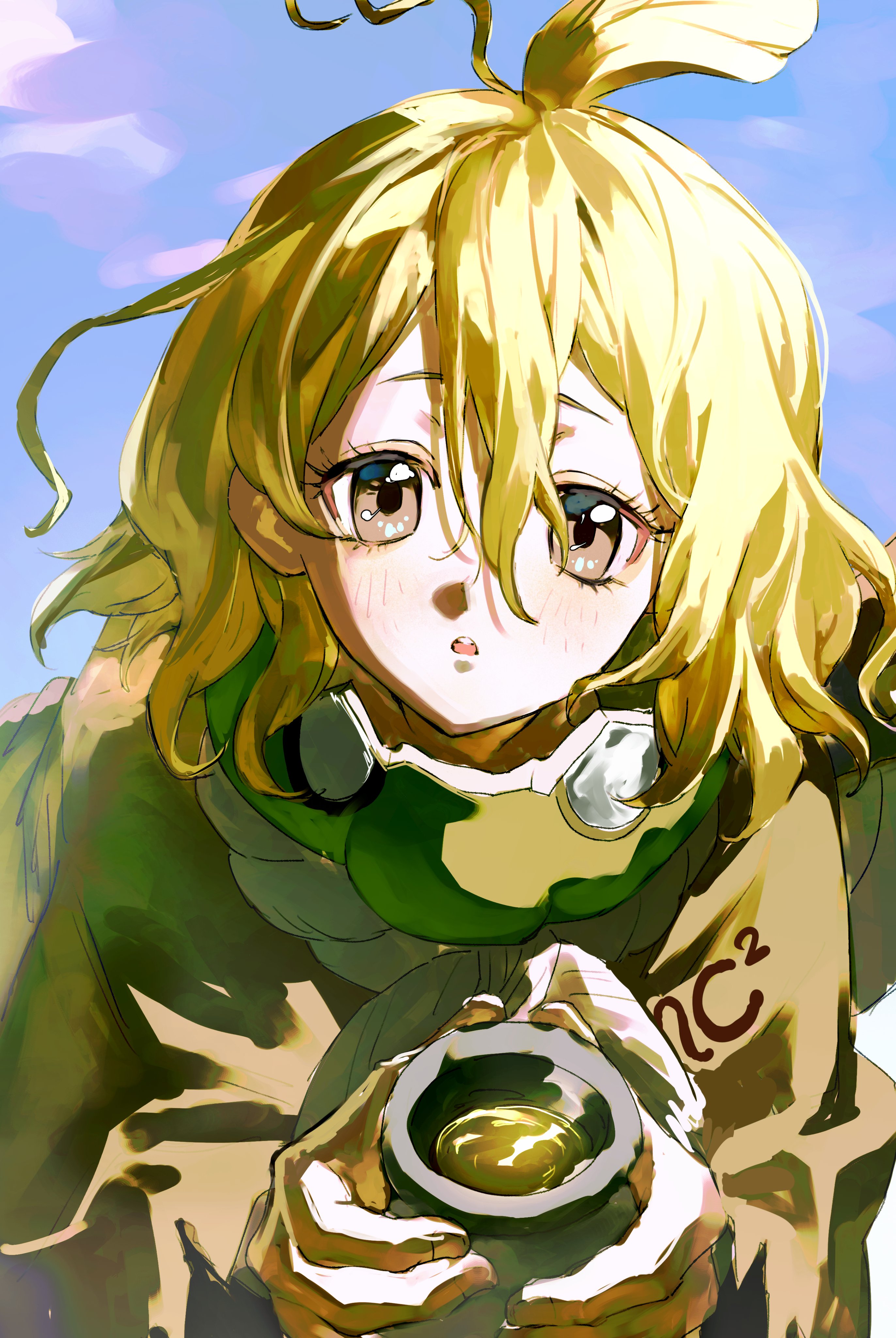 333takoyaki, suika (dr.stone), dr. stone, absurdres, commentary request, highres, 1girl, antenna hair, blonde hair, blush, brown eyes, cup, eyelashes, hair between eyes, holding, holding cup, looking at viewer, messy hair, parted lips, poncho, simple background, solo, upper body