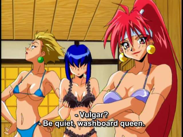 bloodberry, luchs, panther (saber j), saber marionette j, anime screenshot, 1990s (style), 3girls, blonde hair, blue hair, bra, earrings, hair over eyes, jewelry, lingerie, long hair, multiple girls, panther, panties, red hair, retro artstyle, short hair, underwear, very long hair