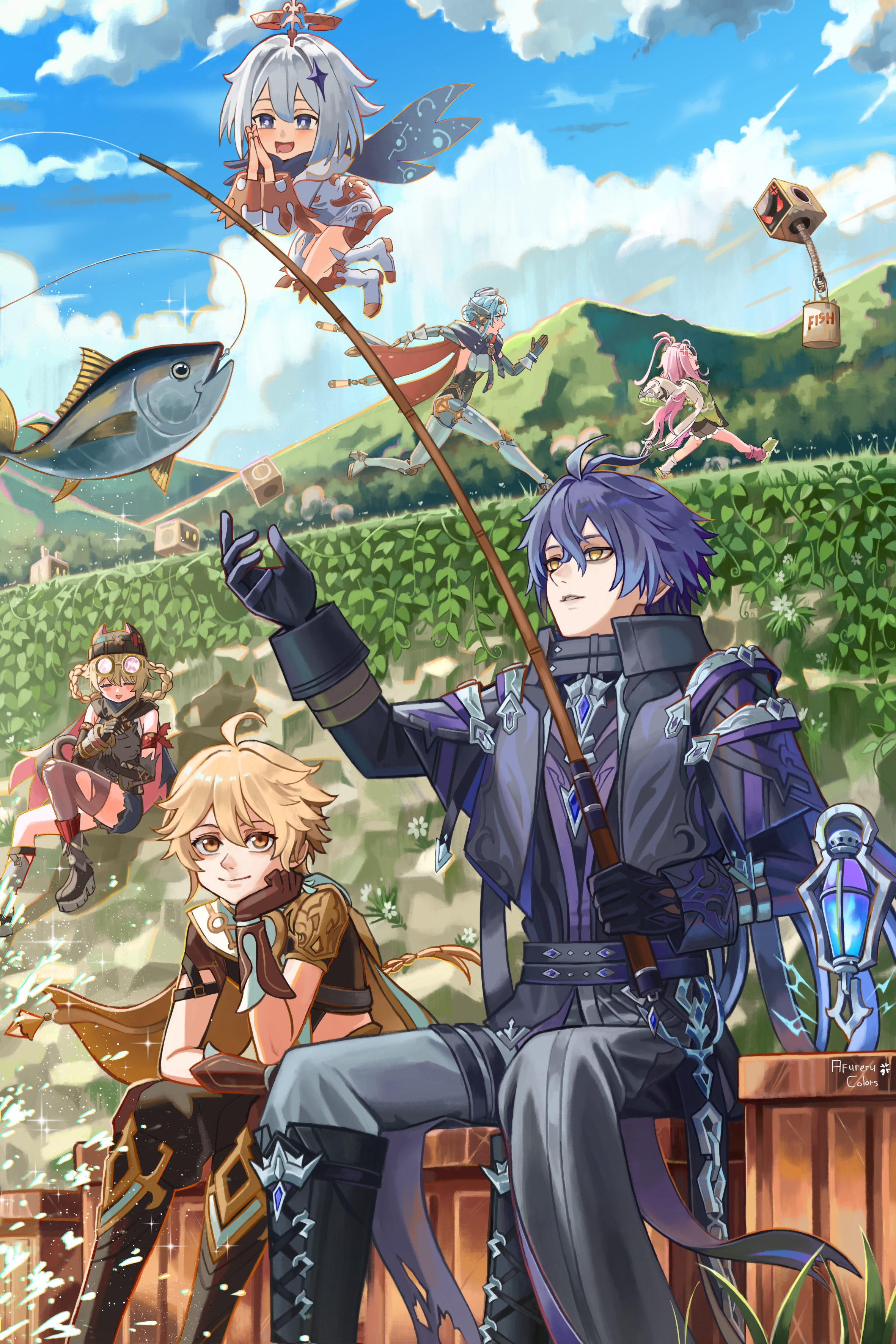 afureru colors, aether (genshin impact), aino (genshin impact), flins (genshin impact), ineffa (genshin impact), jahoda (genshin impact), paimon (genshin impact), genshin impact, absurdres, commentary, highres, 2boys, 2girls, 4girls, anger vein, animal, artist name, black eyes, black gloves, black jacket, black pants, blonde hair, blue eyes, blue hair, blue sky, braid, cat, closed eyes, closed mouth, cloud, drooling, eyewear on head, fish, fishing, fishing rod, gloves, hair bun, hair rings, hand up, head rest, holding, holding animal, holding fishing rod, jacket, long hair, multiple boys, multiple girls, open mouth, outdoors, pants, parted lips, pink hair, purple hair, robot ears, robot girl, running, sitting, sky, sleeves past fingers, sleeves past wrists, smile, white hair, yellow eyes