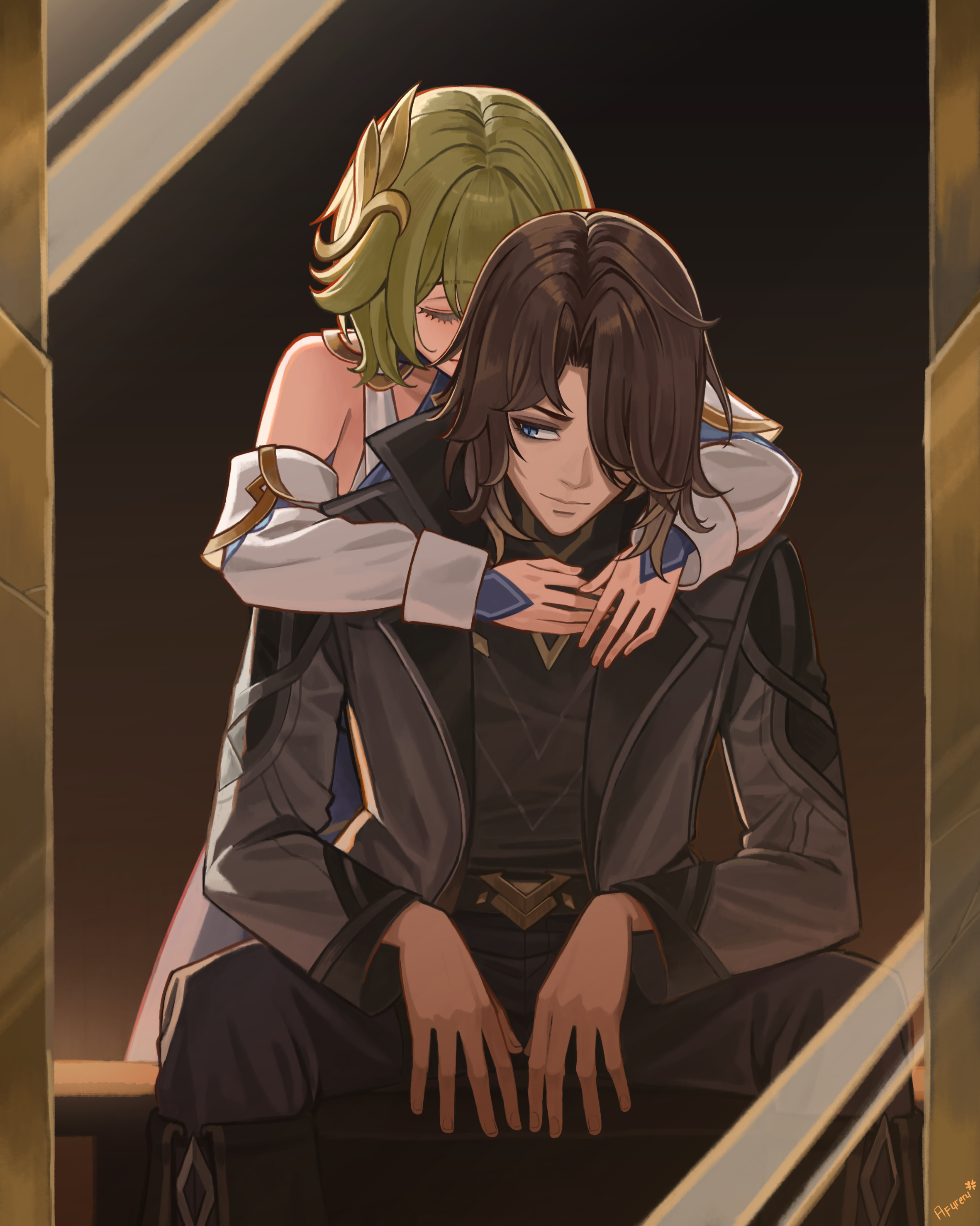 afureru colors, rerir (genshin impact), genshin impact, absurdres, commentary, highres, 1boy, 1girl, bare shoulders, black jacket, blue eyes, brown hair, closed mouth, detached sleeves, green hair, hair ornament, hair over one eye, hetero, hug, hug from behind, jacket, long sleeves, mirror, short hair, sitting, tholindis (genshin impact)