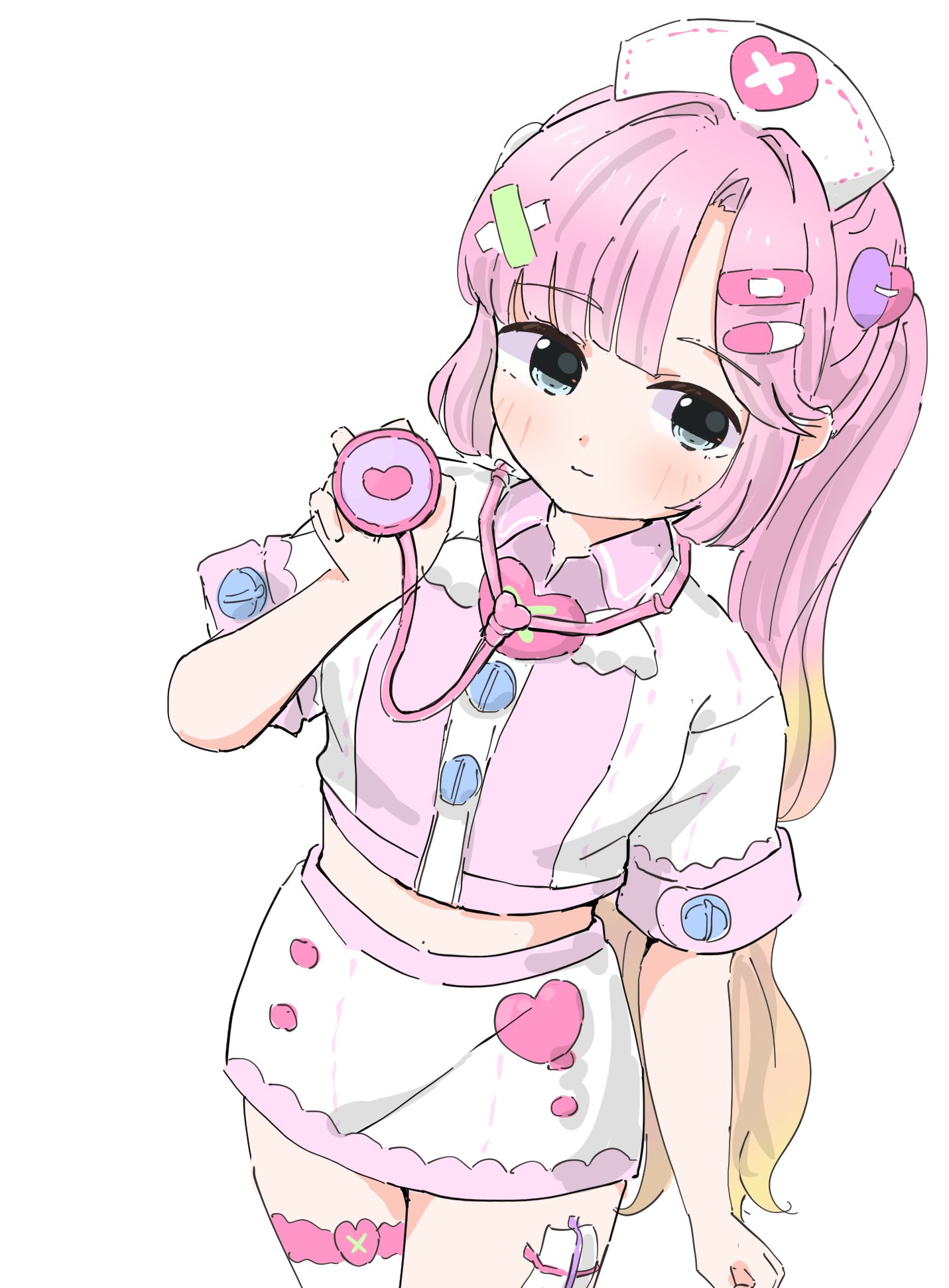 tazaki masanobu, anyoji hime, link! like! love live!, love live!, commentary, highres, 1girl, :3, bandaid, bandaid hair ornament, blonde hair, blush, closed mouth, collared shirt, cowboy shot, curtained hair, gauze, gauze on leg, gradient hair, hair intakes, hair ornament, hairclip, hat, heart, heart hair ornament, holding, holding stethoscope, long hair, looking at viewer, midriff, miniskirt, multicolored hair, navel, nurse cap, official alternate costume, parallel hairclips, pencil skirt, pill hair ornament, pink hair, pink shirt, shirt, short sleeves, side ponytail, sidelocks, simple background, single thighhigh, skirt, smile, solo, stethoscope, stethoscope around neck, thighhighs, very long hair, virtual youtuber, vital sign (love live!), white background, white skirt, white thighhighs, x hair ornament