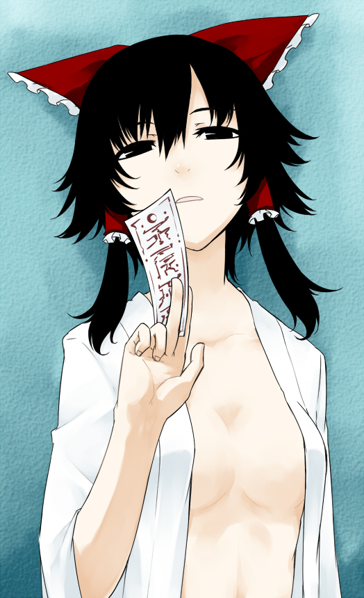 sakuraba yuuki, hakurei reimu, touhou, 1girl, black hair, bow, female focus, hair bow, open clothes, open shirt, shirt, solo