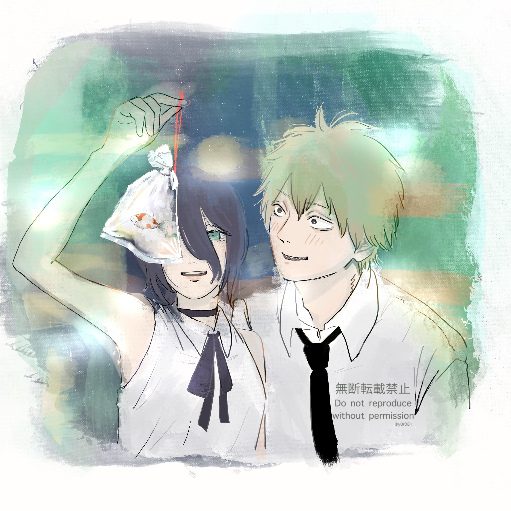 y0r081, denji (chainsaw man), reze (chainsaw man), chainsaw man, commentary, highres, symbol-only commentary, 1boy, 1girl, arm up, bag, bagged fish, black hair, black necktie, black ribbon, blonde hair, collared shirt, fish, goldfish, green eyes, hair between eyes, hetero, holding, long hair between eyes, neck ribbon, necktie, parted lips, ribbon, shirt, sleeveless, sleeveless shirt, upper body, watermark, white shirt